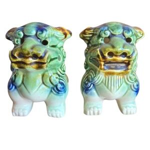 Vintage Ceramic Foo Dogs Figurines, Guardian Lions, Green Glaze, Pair Statues